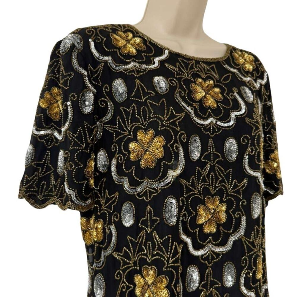 Adrianna Papell Evening Vintage Gold Silver Beaded Knee Length Formal Dress 12 - Picture 5 of 16